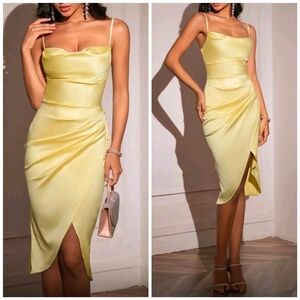 New Draped Stretch Satin Cami Dress Bodycon Light Yellow